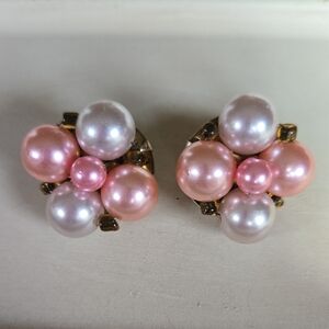 E-020-Vintage "Japan" Pink and White Cluster Clip-on Earrings